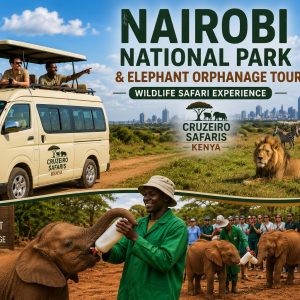 Cruzeiro Safaris Kenya safari minivan with pop-up roof in Nairobi National Park, featuring tourists on a wildlife game drive, lions and zebras on the savannah, Nairobi skyline in the background, and baby elephants at the Sheldrick Wildlife Trust Elephant Orphanage.
