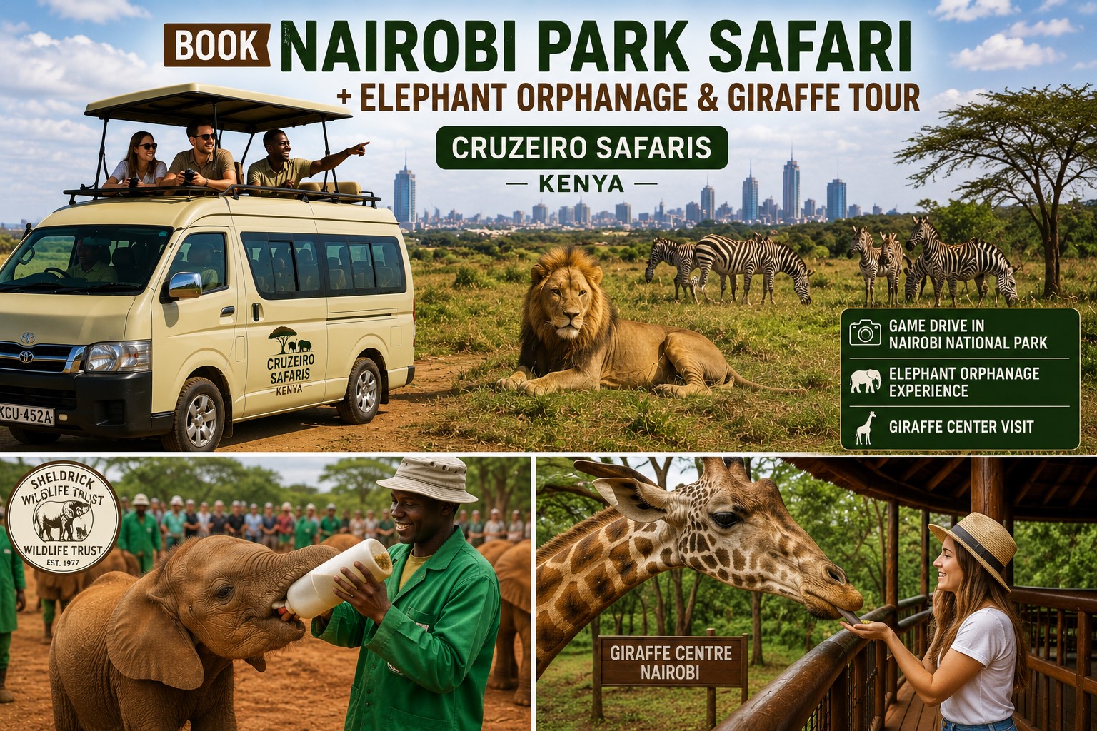 Cruzeiro Safaris Kenya safari minivan with pop-up roof in Nairobi National Park, featuring a lion, zebras, rescued baby elephants at the Sheldrick Wildlife Trust Elephant Orphanage, and a visitor feeding a Rothschild giraffe at the Giraffe Centre in Nairobi.