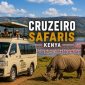 Cruzeiro Safaris Kenya safari minivan overlooking Lake Nakuru National Park with tourists enjoying wildlife viewing, a white rhino grazing nearby, and thousands of pink flamingos along the lake shoreline.