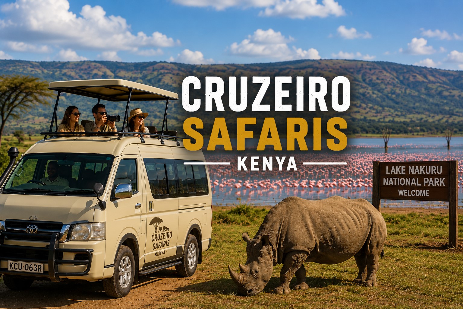 Cruzeiro Safaris Kenya safari minivan overlooking Lake Nakuru National Park with tourists enjoying wildlife viewing, a white rhino grazing nearby, and thousands of pink flamingos along the lake shoreline.