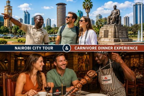 Tourists enjoying a guided Nairobi City Tour with Cruzeiro Safaris before dining at the famous Carnivore Restaurant in Nairobi, featuring iconic city landmarks, the Nairobi skyline, and a traditional Kenyan barbecue dining experience.