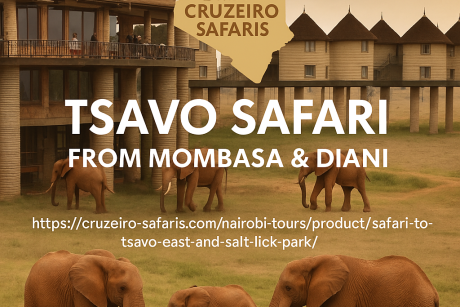 Tsavo Safari Lodge with elephants at sunset, offered by Cruzeiro Safaris from Mombasa and Diani, Kenya.
