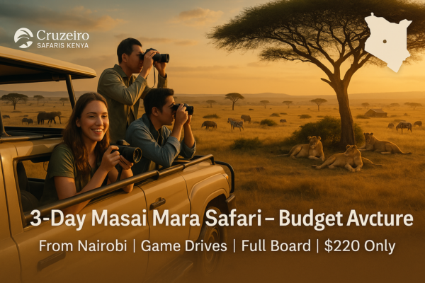 Cinematic safari scene in Masai Mara with diverse young tourists photographing lions under an acacia tree, with elephants and zebras in the savannah background during golden hour.