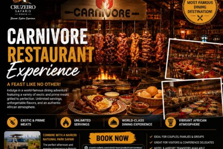 Guests enjoying the world-famous Carnivore Restaurant in Nairobi, Kenya, featuring the legendary all-you-can-eat flame-grilled meat experience. Book the Carnivore Restaurant Experience with Cruzeiro Safaris Kenya