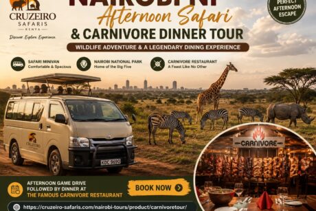 A safari minivan on an afternoon game drive in Nairobi National Park followed by dinner at the world-famous Carnivore Restaurant. Experience Kenya's wildlife and legendary dining with Cruzeiro Safaris Kenya. Book now: https://cruzeiro-safaris.com/nairobi-tours/product/carnivoretour/