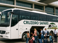 Group bus transfer in Nairobi, showcasing a spacious, comfortable vehicle with passengers boarding at Jomo Kenyatta International Airport. The vehicle is branded with Cruzeiro Safaris logo for group travel comfort.