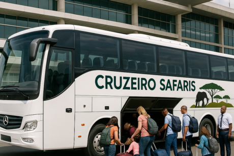 Group bus transfer in Nairobi, showcasing a spacious, comfortable vehicle with passengers boarding at Jomo Kenyatta International Airport. The vehicle is branded with Cruzeiro Safaris logo for group travel comfort.