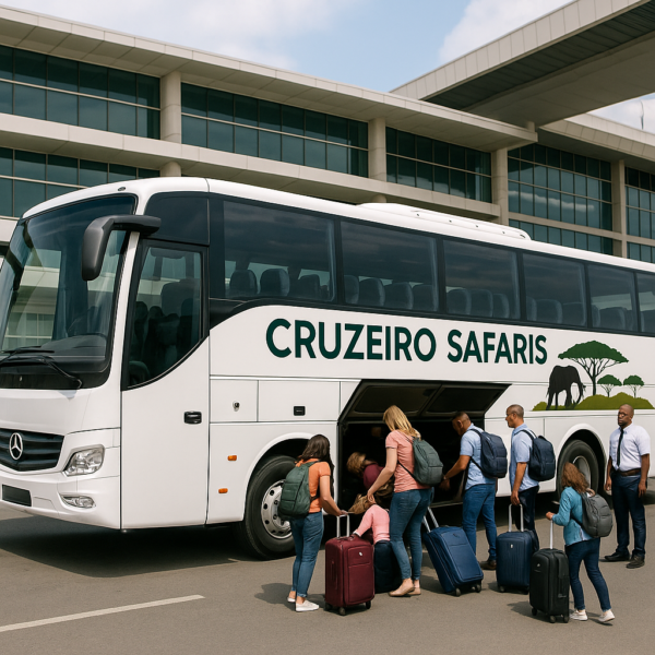 Group bus transfer in Nairobi, showcasing a spacious, comfortable vehicle with passengers boarding at Jomo Kenyatta International Airport. The vehicle is branded with Cruzeiro Safaris logo for group travel comfort.