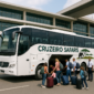Group bus transfer in Nairobi, showcasing a spacious, comfortable vehicle with passengers boarding at Jomo Kenyatta International Airport. The vehicle is branded with Cruzeiro Safaris logo for group travel comfort.