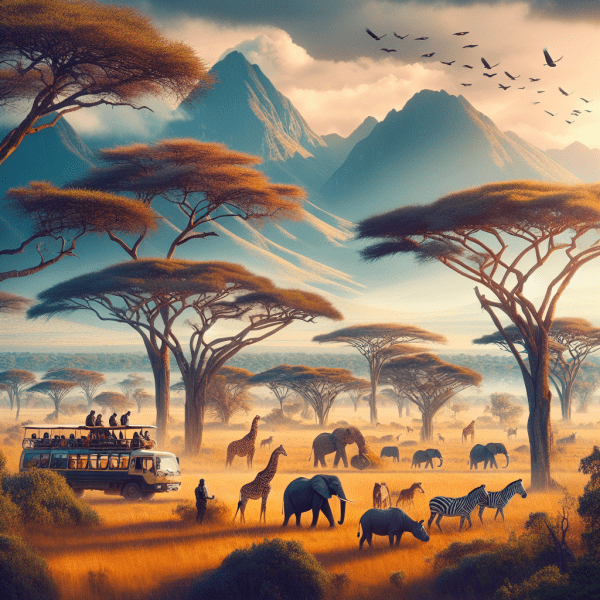 Large safari bus on a game drive in Kenya’s wildlife parks with animals and birds visible, operated by Cruzeiro Safaris Kenya