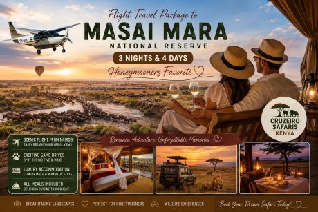 Romantic Masai Mara fly-in safari for honeymooners featuring a couple enjoying sunset views from a luxury safari lodge, a scenic bush plane flight, the Great Migration crossing, luxury accommodation, candlelit dining, and wildlife game drives with Cruzeiro Safaris Kenya.