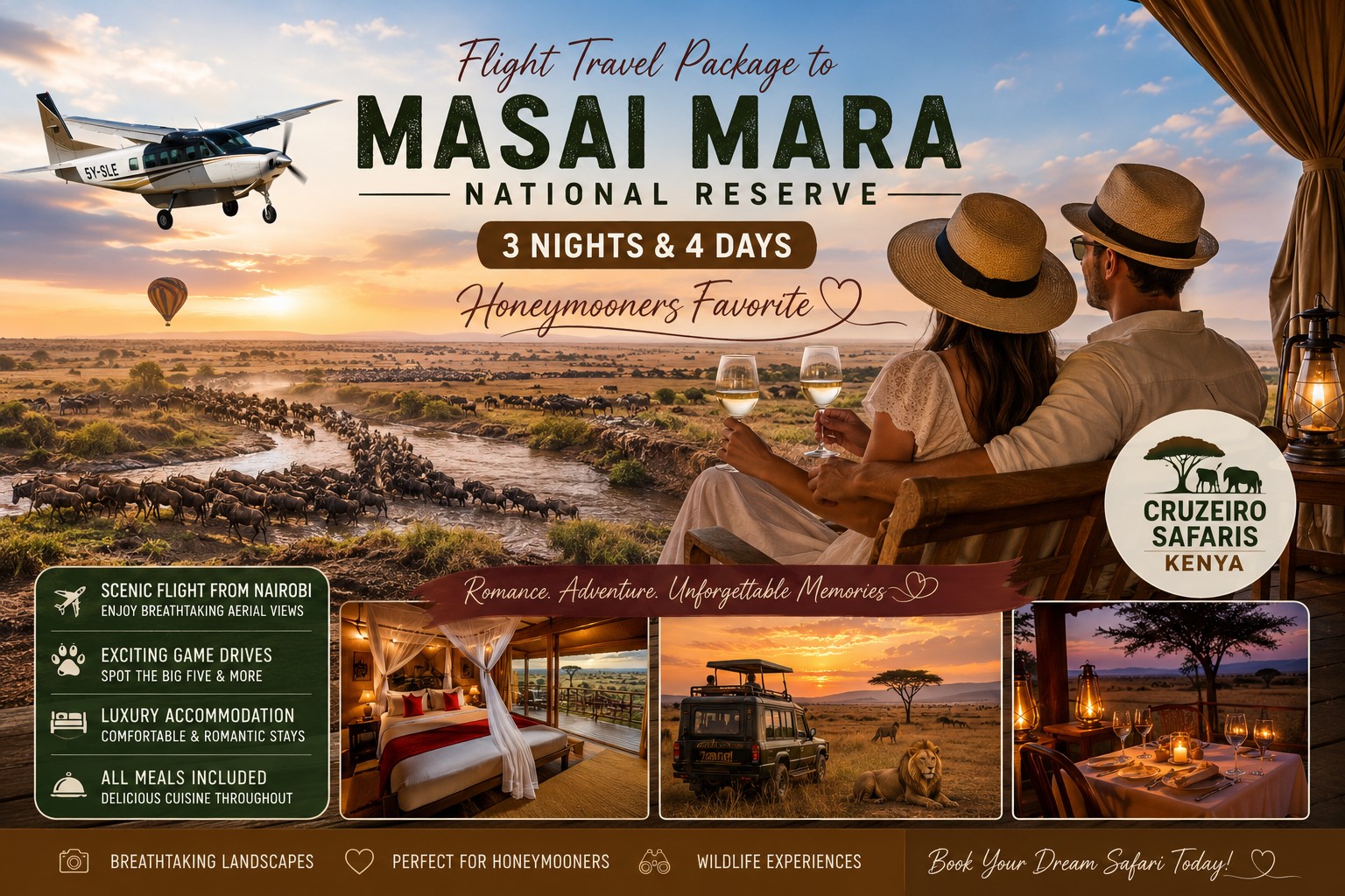 Romantic Masai Mara fly-in safari for honeymooners featuring a couple enjoying sunset views from a luxury safari lodge, a scenic bush plane flight, the Great Migration crossing, luxury accommodation, candlelit dining, and wildlife game drives with Cruzeiro Safaris Kenya.