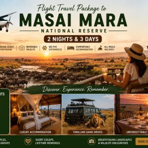 Romantic Masai Mara fly-in safari package featuring a couple enjoying sunset views over the savannah, a scenic bush plane flight from Nairobi, wildebeest migration crossing, luxury safari accommodation, game drives, and candlelit dining with Cruzeiro Safaris Kenya.