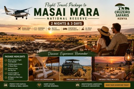Romantic Masai Mara fly-in safari package featuring a couple enjoying sunset views over the savannah, a scenic bush plane flight from Nairobi, wildebeest migration crossing, luxury safari accommodation, game drives, and candlelit dining with Cruzeiro Safaris Kenya.