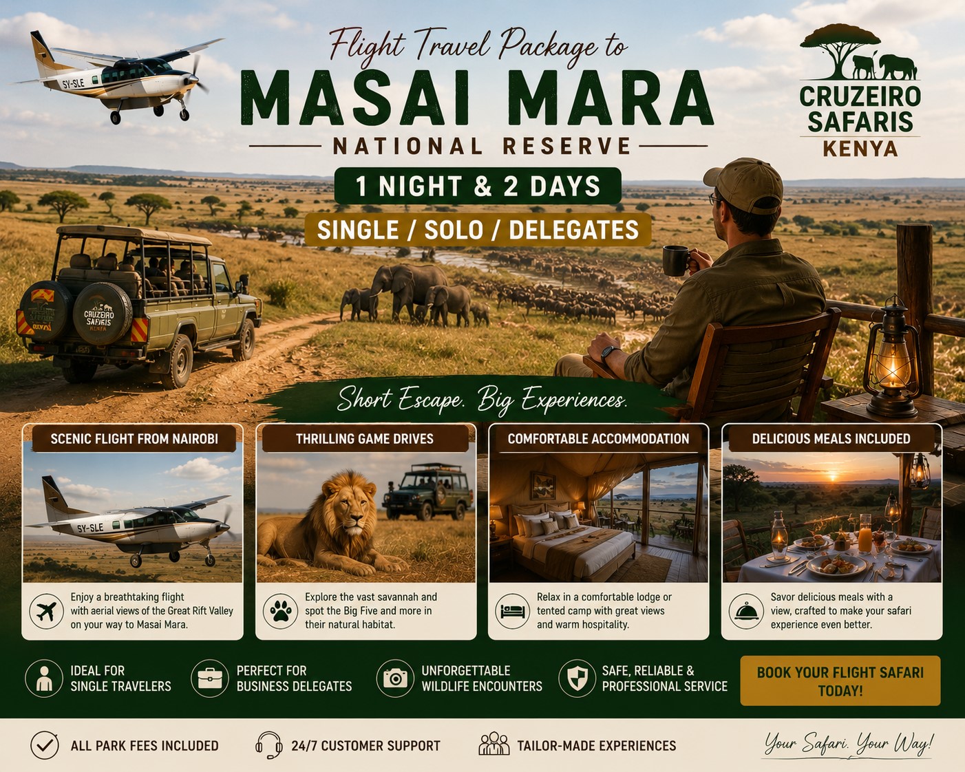 Solo traveler enjoying a Masai Mara fly-in safari with Cruzeiro Safaris Kenya, featuring a scenic flight from Nairobi, luxury safari accommodation, wildlife game drives, elephants on the savannah, and panoramic views of the Masai Mara National Reserve.