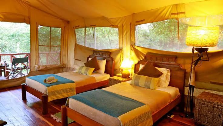 Luxury twin-bed safari tent with wooden flooring, private veranda, and panoramic bush views at Sentrim Mara Camp in Maasai Mara, Kenya, offered by Cruzeiro Safaris Kenya.