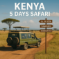 Kenya safari jeep with Cruzeiro Safaris branding, surrounded by elephants and a lion on a dirt road with signposts to Ol Pejeta, Samburu, and Aberdares