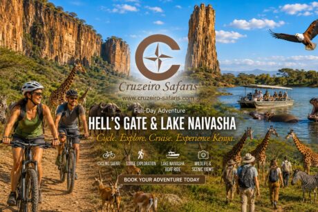 Cyclists enjoying a wildlife safari in Hell's Gate National Park with zebras, giraffes, buffaloes, Fischer's Tower, Hell's Gate Gorge, and a Lake Naivasha boat ride during a full-day tour from Nairobi.