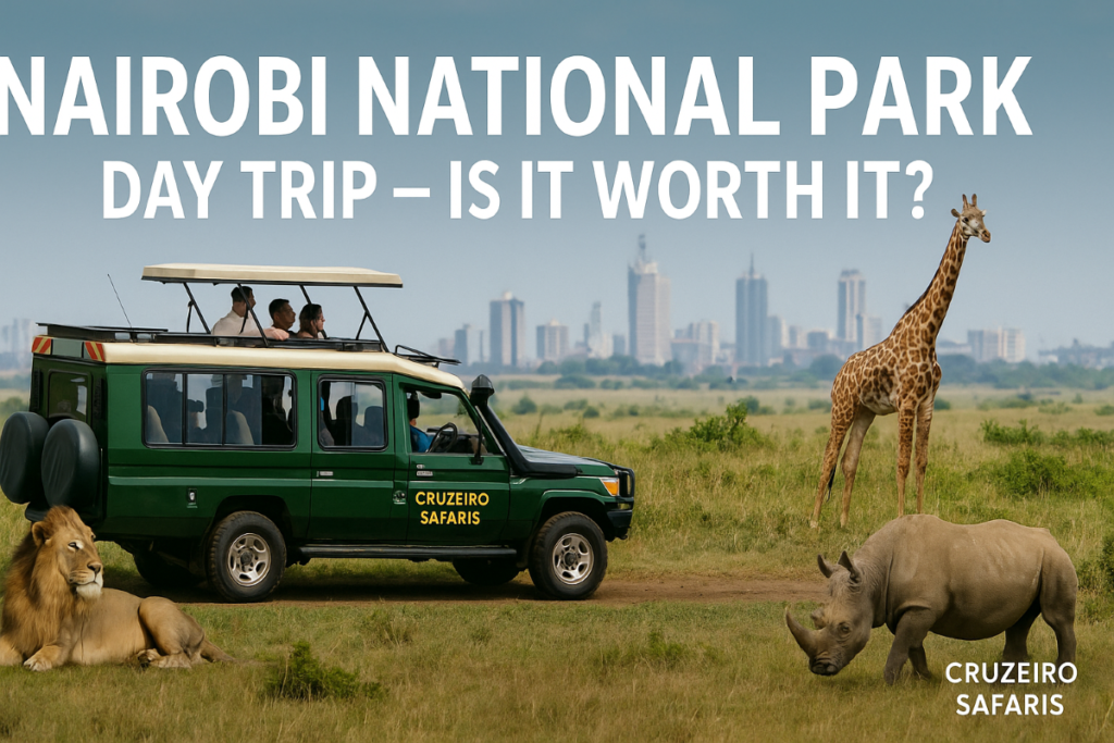Safari vehicle viewing wildlife in Nairobi National Park during a day trip with city skyline in background