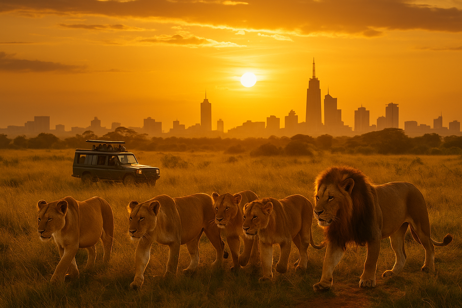 Wildlife in Nairobi National Park with city skyline in the background