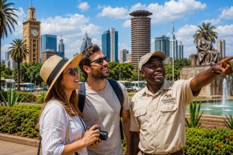 Happy tourists exploring Nairobi city with a professional Cruzeiro Safaris guide, featuring iconic landmarks including KICC, Nairobi skyline, Uhuru Park, and historic city monuments during a guided Nairobi City Tour.