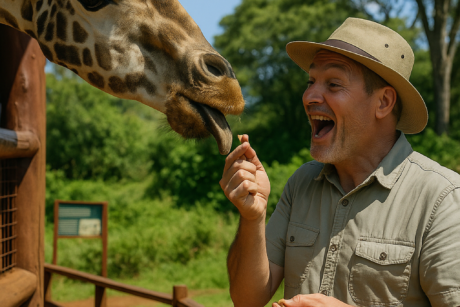 Visitor feeding a giraffe at the Giraffe Center in Nairobi during a tour with Cruzeiro Safaris Kenya