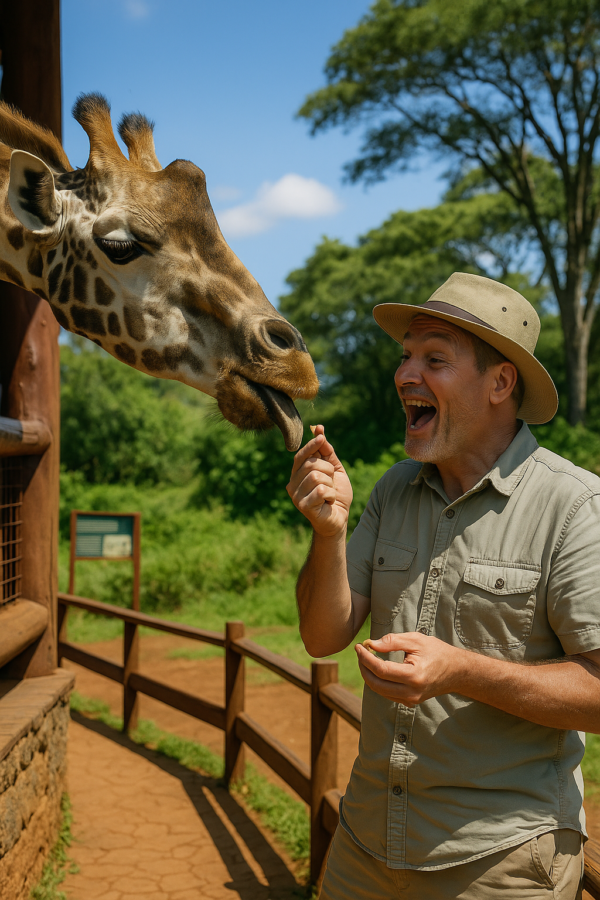Visitor feeding a giraffe at the Giraffe Center in Nairobi during a tour with Cruzeiro Safaris Kenya
