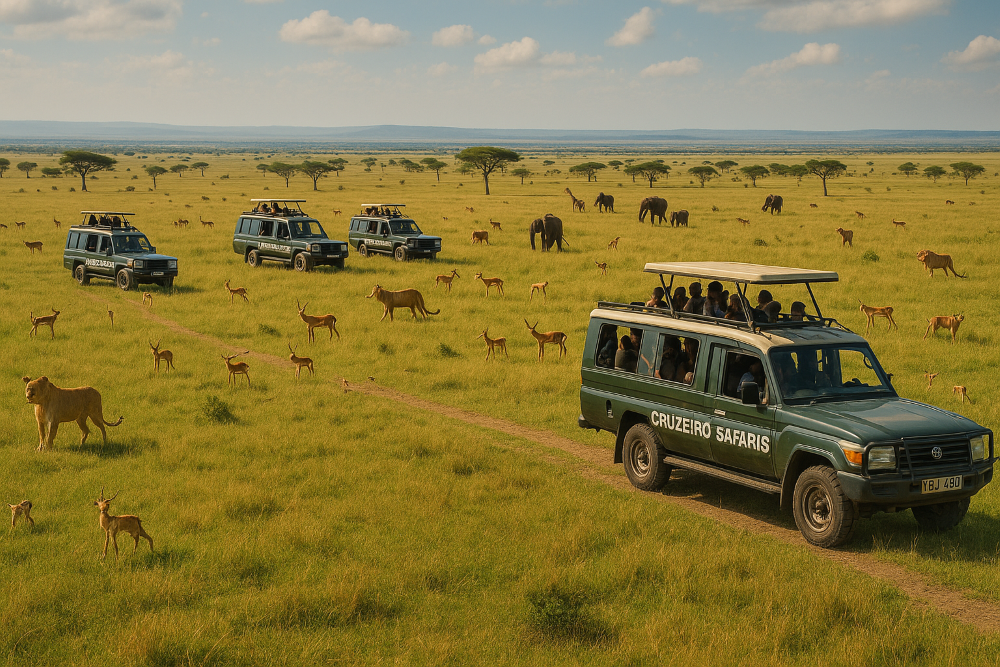 4x4 safari jeep on a game drive in Masai Mara with tourists viewing wildlife on open savannah