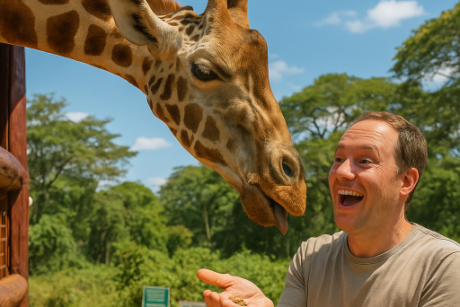 Tourist feeding a Rothschild giraffe at the Giraffe Center in Nairobi with Cruzeiro Safaris Kenya