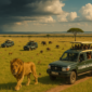 Scenic view of Masai Mara with wildlife and safari vehicle in the distance – Welcome to Masai Mara