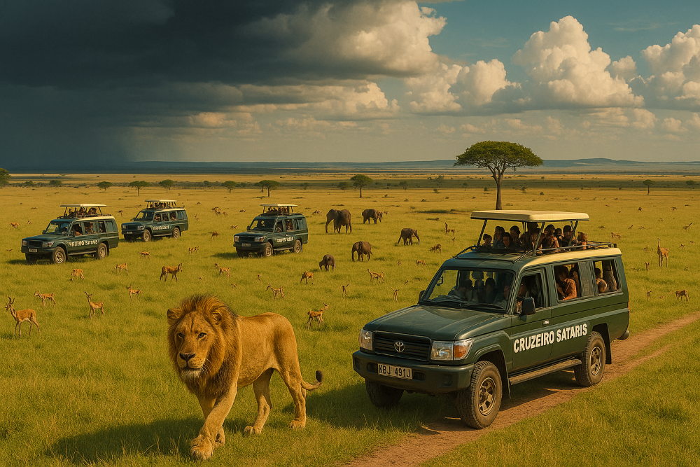 Scenic view of Masai Mara with wildlife and safari vehicle in the distance – Welcome to Masai Mara
