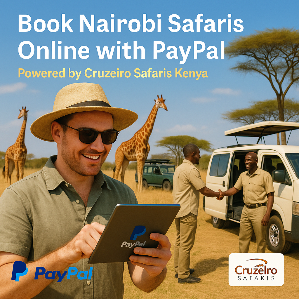 Smiling tourist using a tablet with PayPal logo to book a safari, with giraffes and safari guides in Nairobi National Park; Cruzeiro Safaris van in the background.