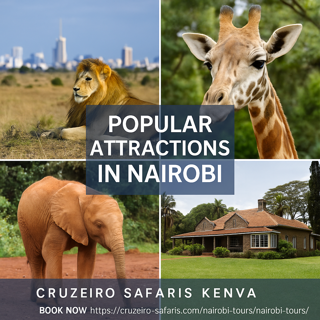 Popular tourist attractions in Nairobi including Nairobi National Park, Giraffe Centre, Bomas of Kenya and guided city tours by Cruzeiro Safaris Kenya