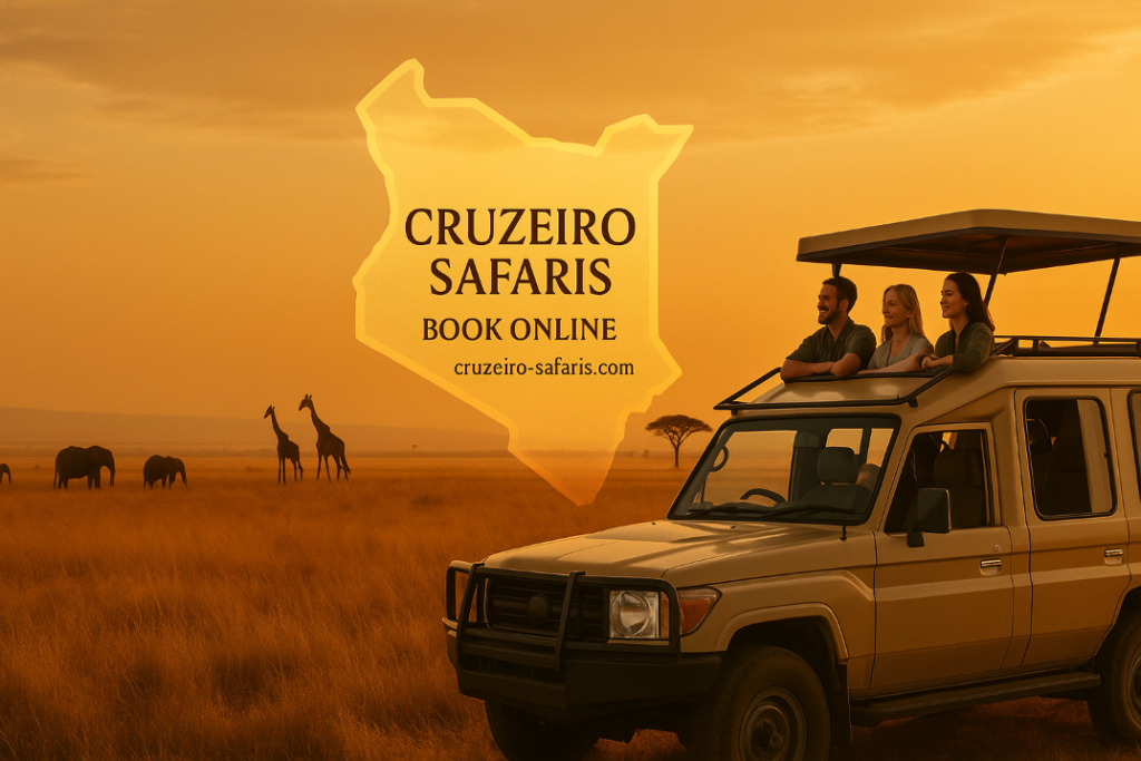 Book Kenya safaris online with Cruzeiro Safaris Kenya – wildlife and travel scenes in collage format.