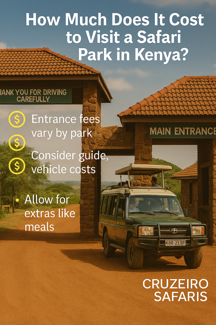 Safari jeep parked at the entrance gate of a Kenyan national park, illustrating the cost of visiting a safari park in Kenya.