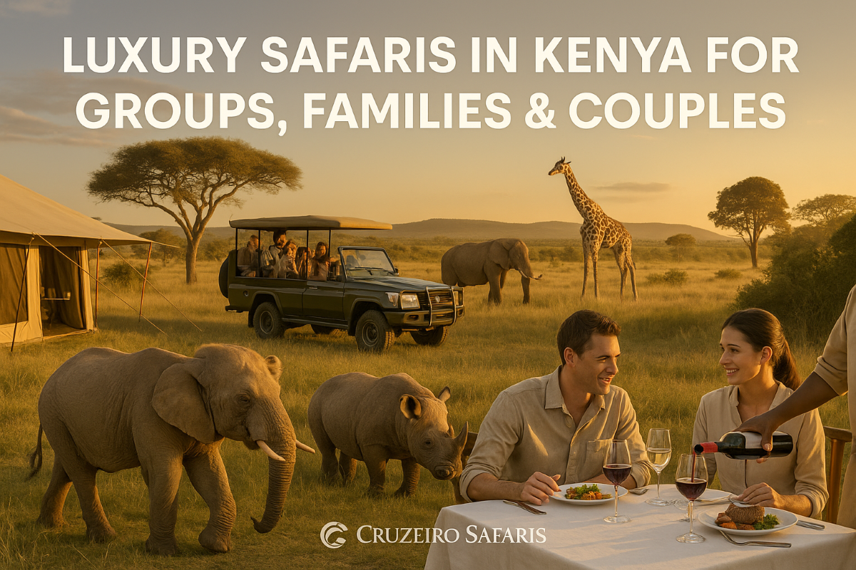 Luxury safari lodge with elephants in Kenya, ideal for families, couples, and groups with Cruzeiro Safaris.