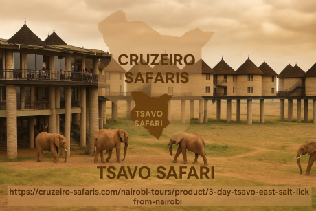 Safari lodge in Tsavo with elephants grazing, featured in Cruzeiro Safaris’ Tsavo Safari from Nairobi.