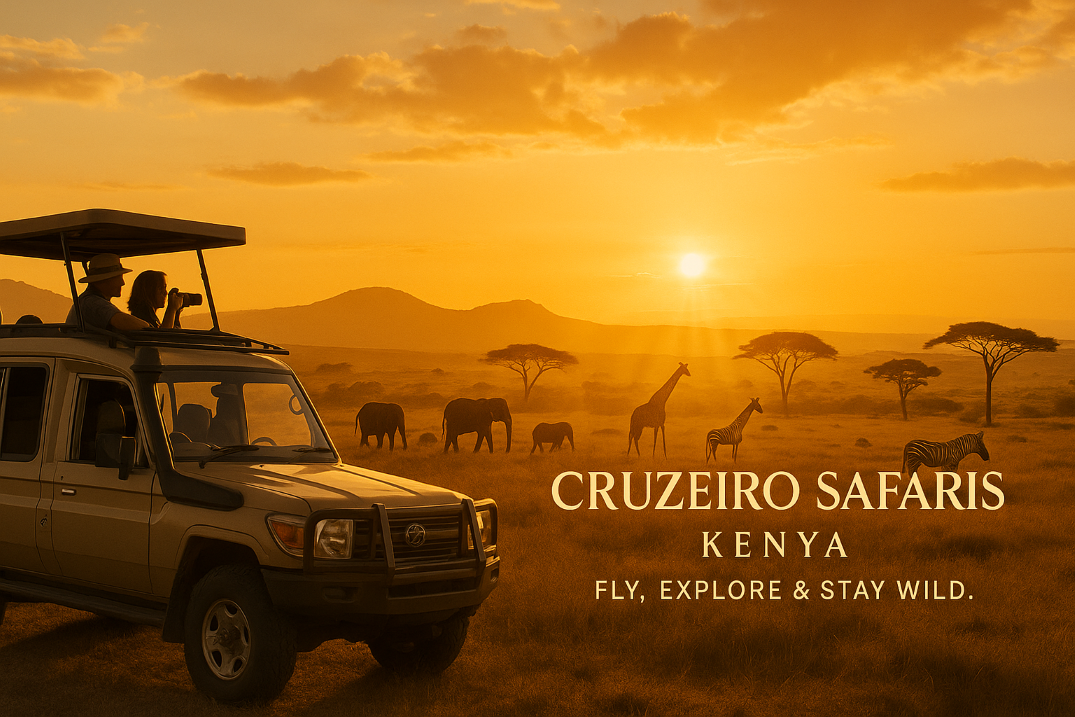 Luxury safari Land Cruiser with guests photographing elephants, giraffes, and zebras during golden hour in Kenya's Mara savannah.