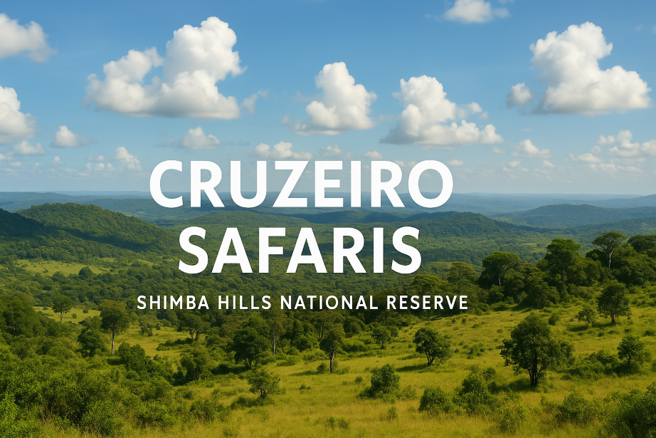 View of Shimba Hills National Reserve with green hills, tropical forest, and Cruzeiro Safaris branding