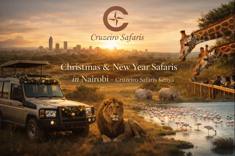 Christmas and New Year safari in Nairobi featuring a luxury 4x4 safari vehicle, lion, giraffes, flamingos, and rhinos with Nairobi skyline at sunset – Cruzeiro Safaris Kenya
