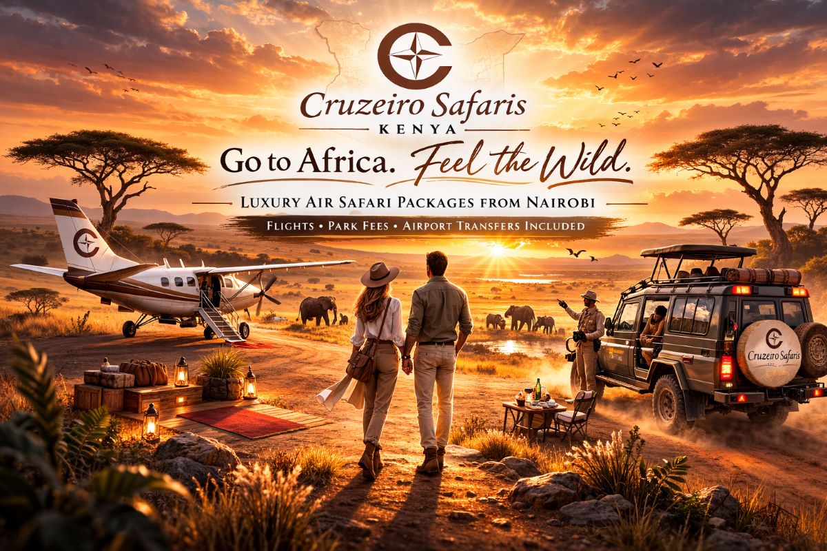 Luxury African safari banner at golden sunrise in the Masai Mara featuring an elegant couple beside a safari aircraft and 4x4 Land Cruiser, elephants in the distance, acacia trees silhouetted, and Cruzeiro Safaris Kenya branding with headline “Go to Africa. Feel the Wild.”