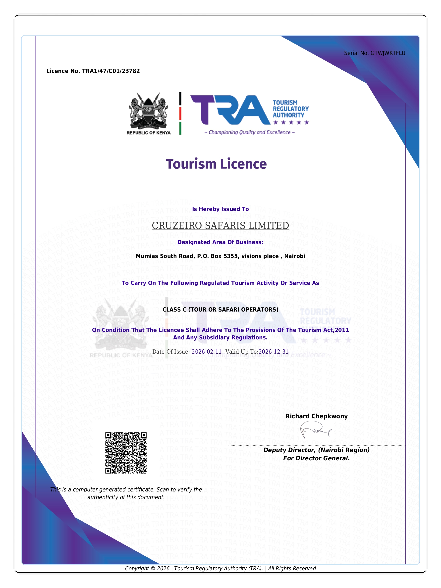 Tourism Regulatory Authority (TRA) Kenya license 2026 – Cruzeiro Safaris Kenya certified tour operator