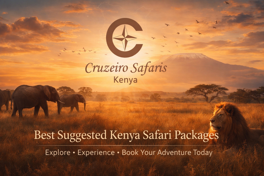 Kenya safari packages banner featuring elephants, lion, Mount Kilimanjaro sunrise and Cruzeiro Safaris Kenya luxury travel branding.