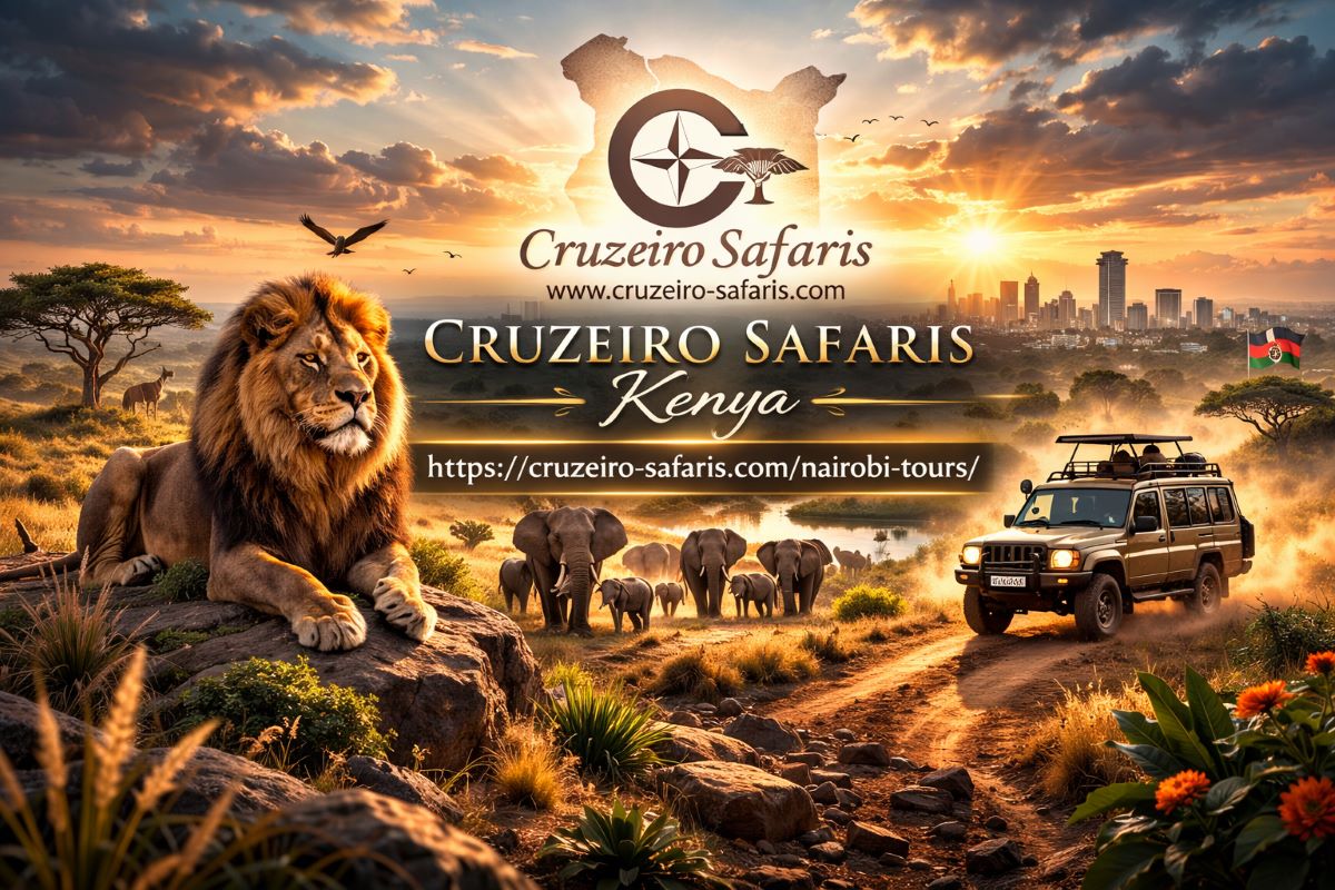 Lion in Nairobi National Park with Nairobi skyline during sunrise safari tour