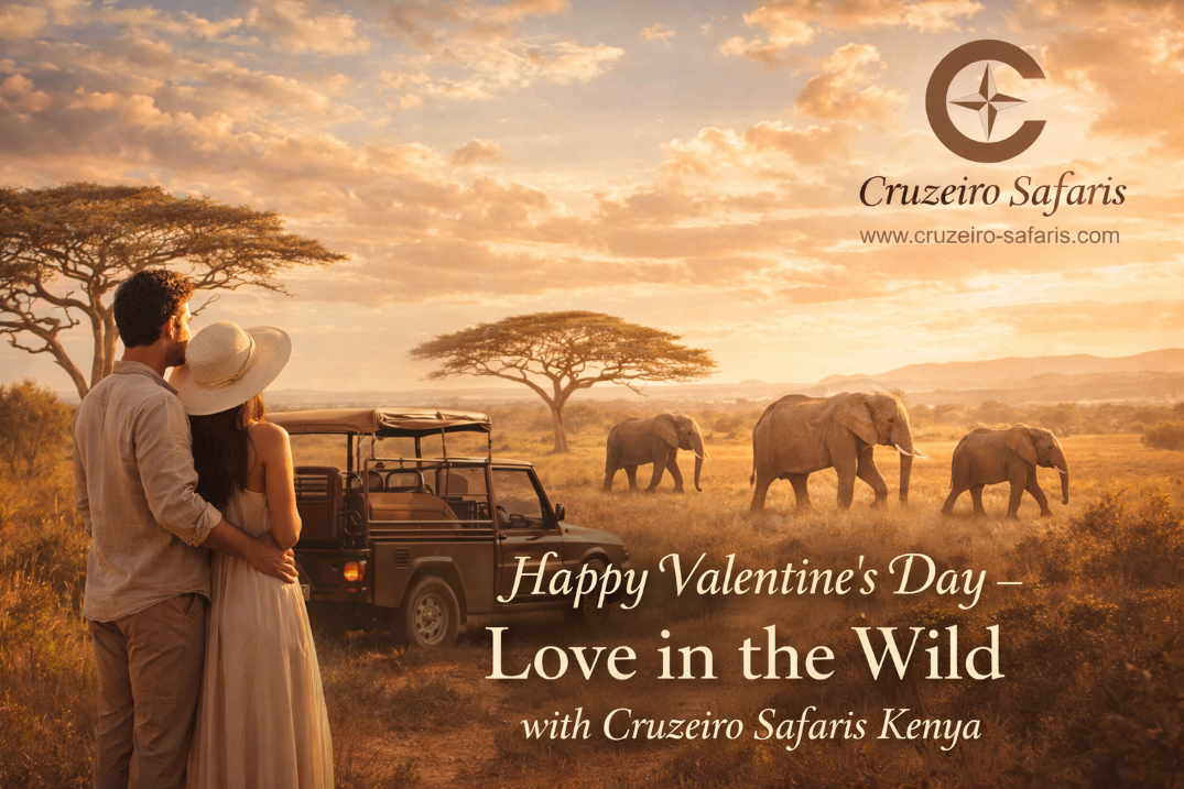 Romantic Valentine’s Day safari scene in Kenya featuring a couple standing beside a luxury safari vehicle watching elephants walk across the golden savannah under acacia trees, with Cruzeiro Safaris Kenya branding and the text “Happy Valentine’s Day – Love in the Wild."