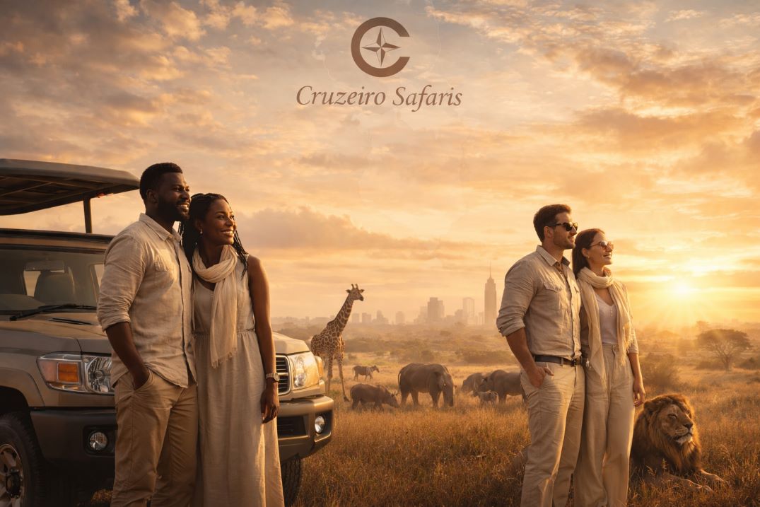 Luxury African and Caucasian couples standing beside a safari Land Cruiser in Nairobi savannah at golden sunrise with lion, giraffe, rhinos, zebras, and Nairobi skyline in background.