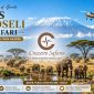 Luxury travel advertisement for a 3-Day Amboseli Air Safari from Nairobi featuring large elephant herds crossing the golden savannah of Amboseli National Park beneath snow-capped Mount Kilimanjaro. A small safari aircraft flies overhead under clear blue midday skies, while guests relax on the deck of a luxury safari lodge overlooking wildlife and a watering hole. The Cruzeiro Safaris logo is prominently displayed at the center of the design alongside safari package highlights and booking information.
