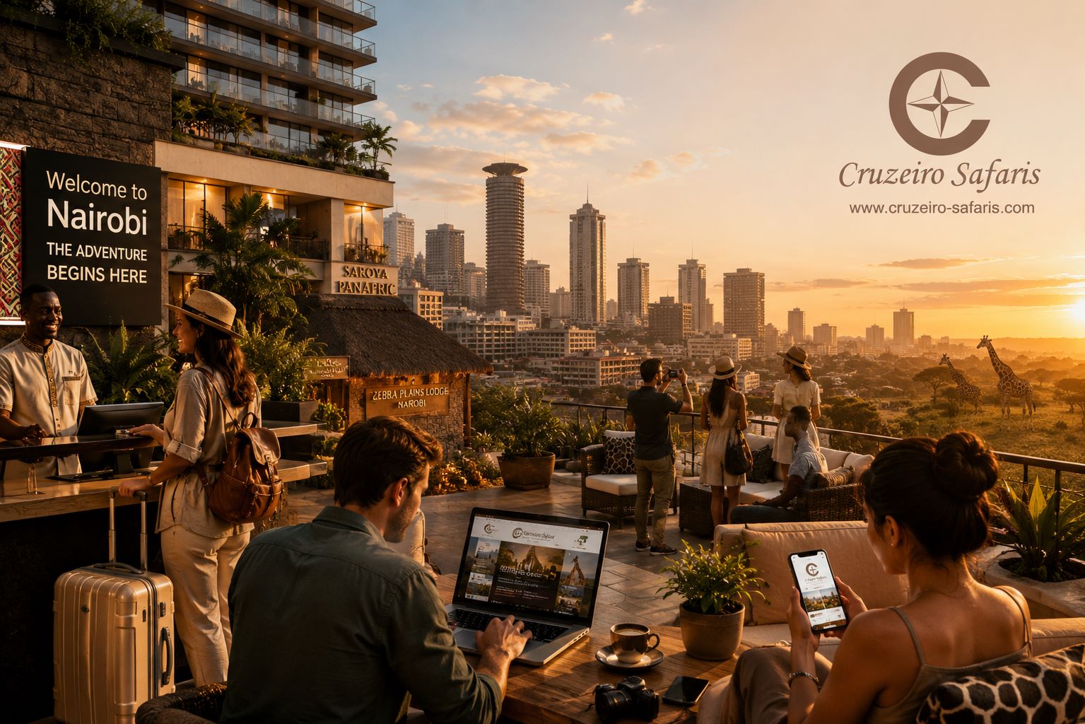 Luxury Nairobi travel scene at golden hour featuring modern hotels, rooftop city views, tourists booking safaris online, Nairobi skyline, and giraffes near Nairobi National Park with Cruzeiro Safaris branding