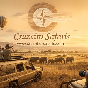 Cruzeiro Safaris luxury Maasai Mara safari at sunset featuring wildlife, safari vehicles, hot air balloon, and the transparent Cruzeiro Safaris logo over the Kenyan savannah.