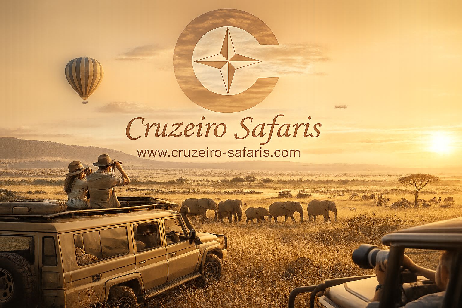 Cruzeiro Safaris luxury Maasai Mara safari at sunset featuring wildlife, safari vehicles, hot air balloon, and the transparent Cruzeiro Safaris logo over the Kenyan savannah.